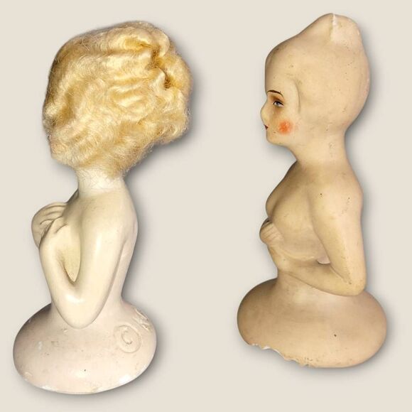 Vtg K.G. 1925 Chalkware Half Dolls-Flapper Art Deco Style Painted Wigged Germany - Picture 3 of 10